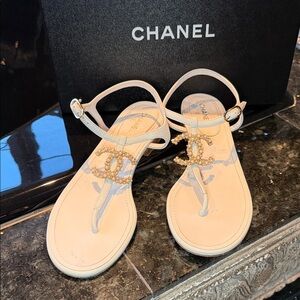 Authentic Chanel Women's White Sandals flats with Gold Accents